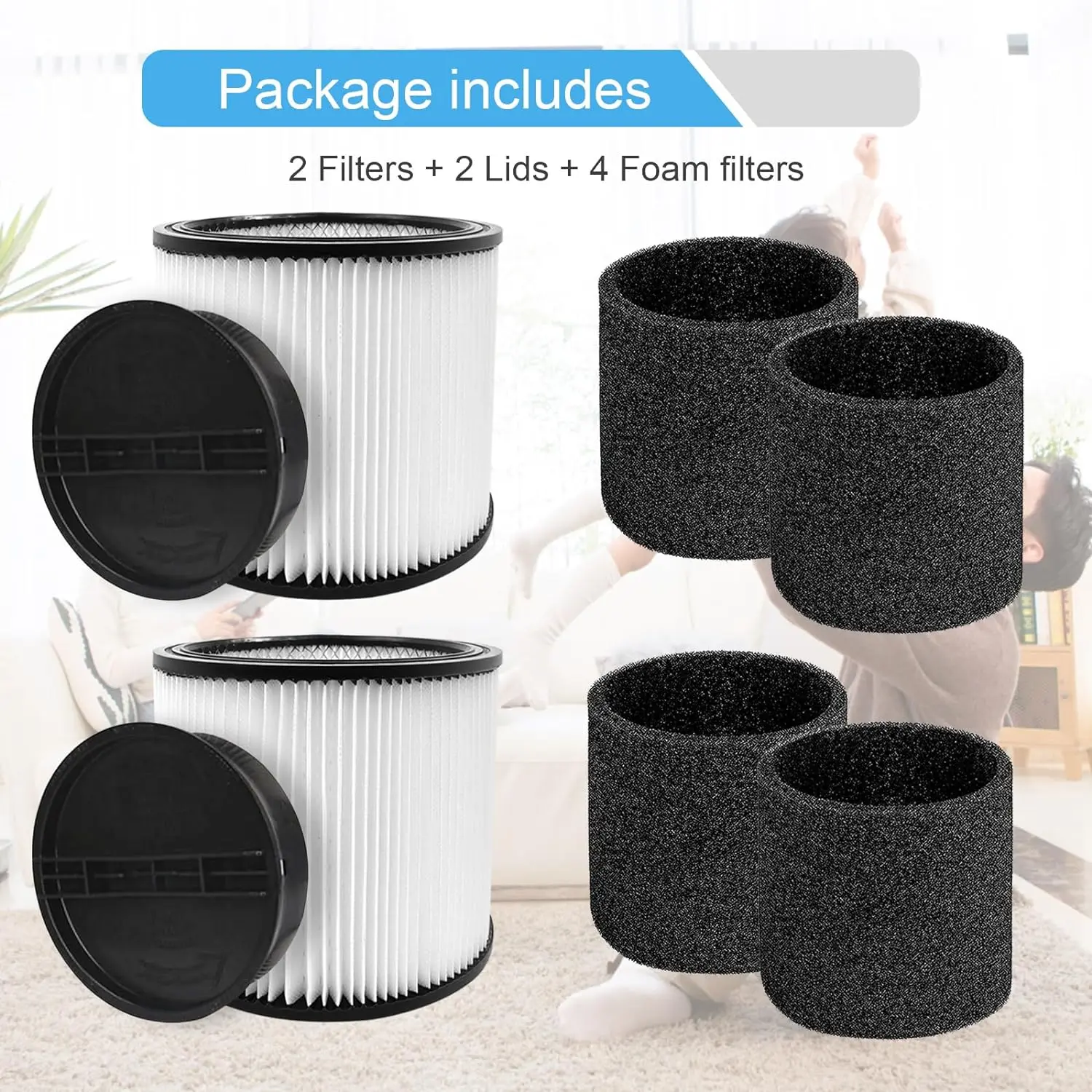 

90304 Shop-Vac Filter Replacement, 2 Set Cartridge Filter + Foam Filter + Lid for 5-16 Gallon Wet Dry Vacuum Cleaner