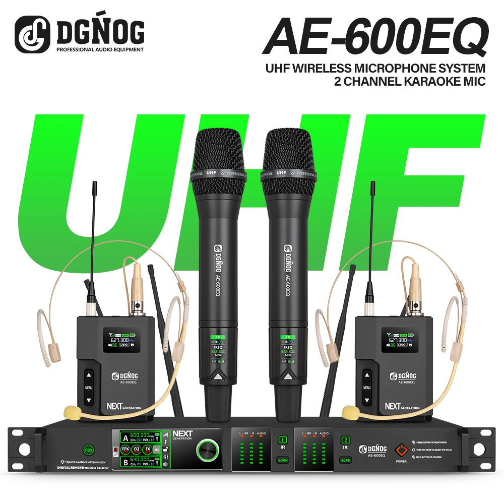 

UHF Wireless Handheld Microphone DGNOG AE-600EQ 2-Channel Built-in Mixing Effect Head-Worn Karaoke Microphone for Hosting Stage