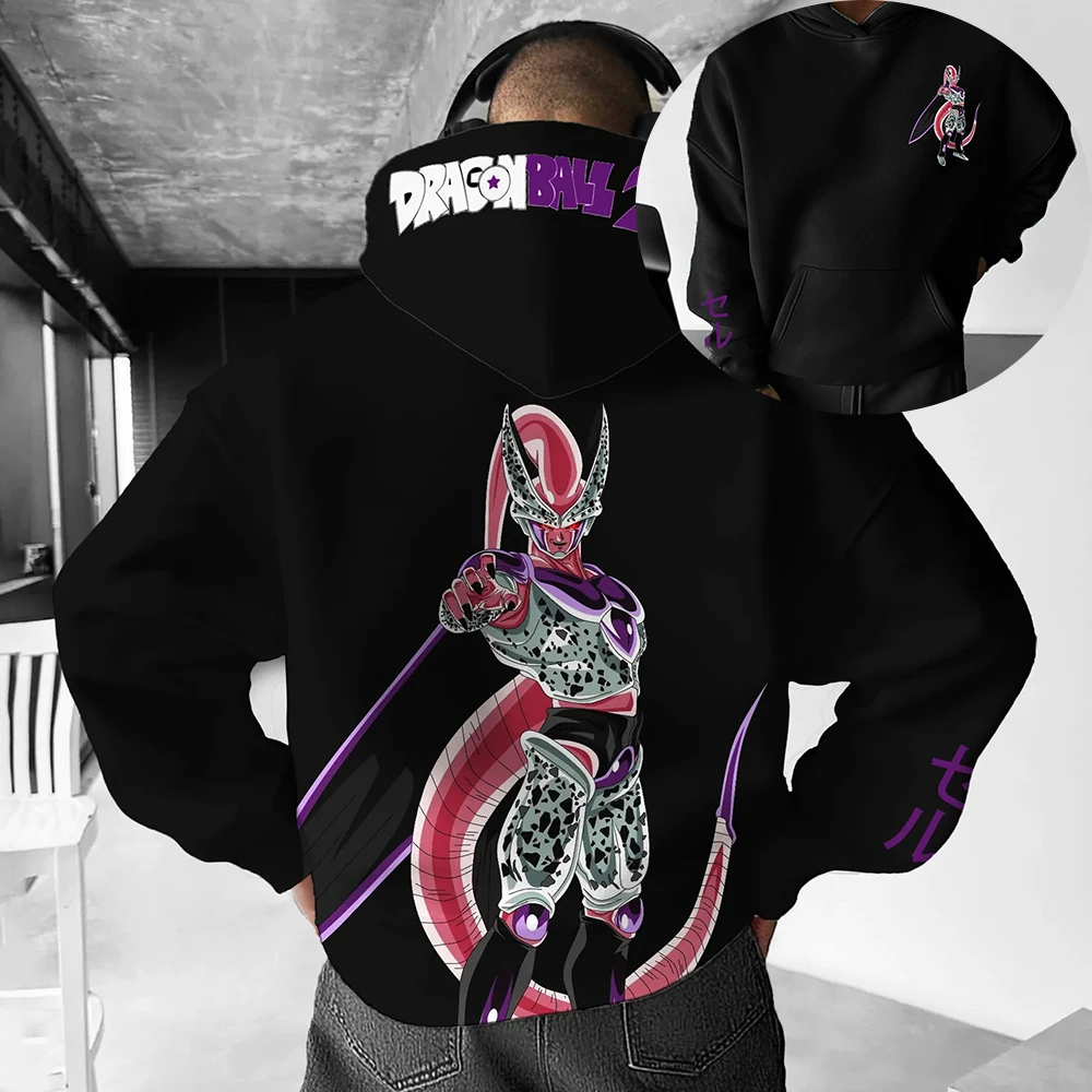 

Dragon Ball Z Frieza Third Form Hoodie Men Black Anime Streetwear with Character Back Print and Kanji Sleeve Design Sweatshirt