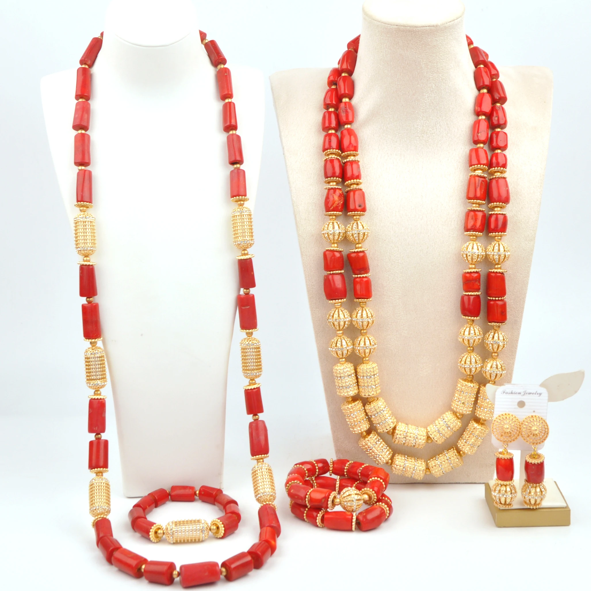 

Fashion Red African Wedding Coral Jewelry Set for Couple Nigerian Beads Jewelry Sets