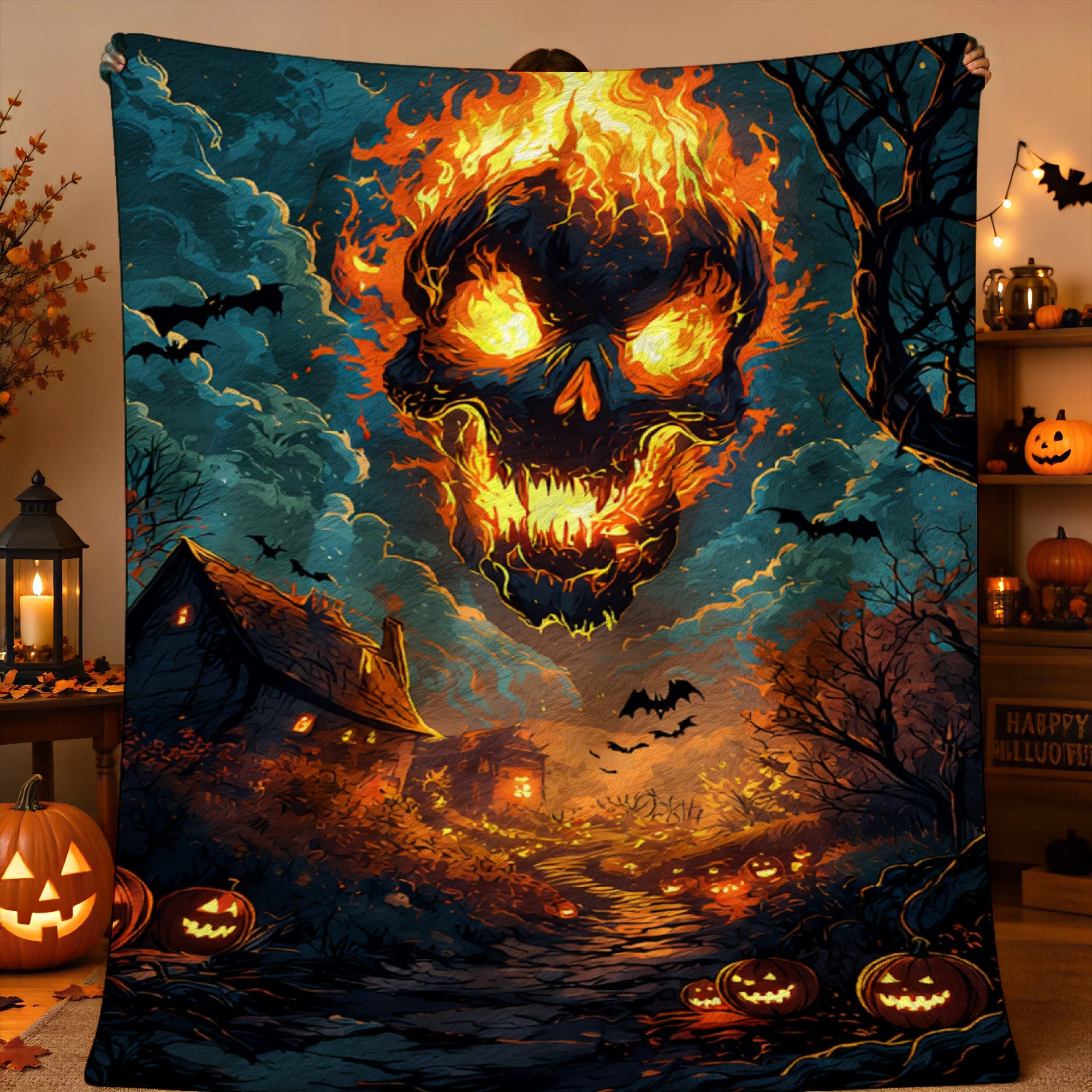 1pc 2D Printed Fiery Skull Moon Haunted Village Jack O Lanterns Bats Halloween Throw Blanket, Warm Soft for Sofa Bed Recliner In