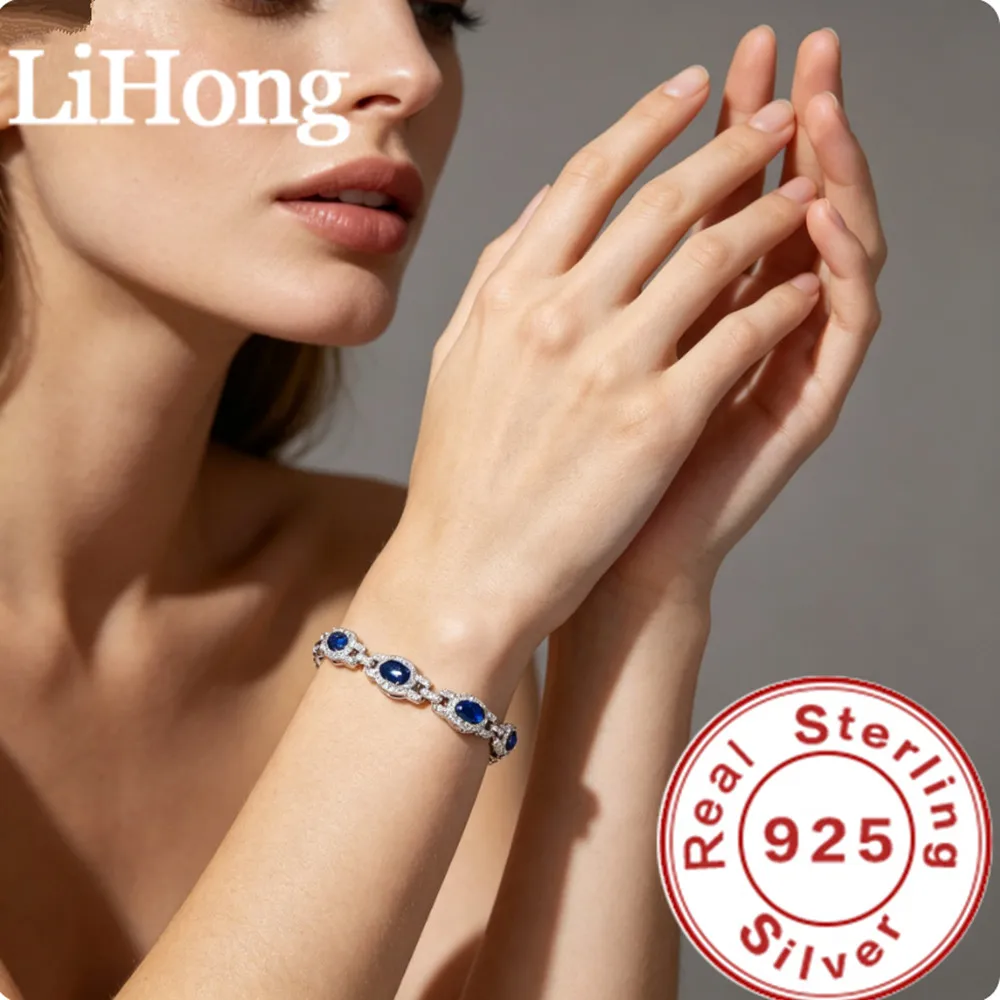 Lihong S925 Sterling Silber Ovaler Edelstein Geburtsstein Tennis-Armband für Frauen Edles Schmuckgeschenk für Mutter, Ehefrau – Detail 1