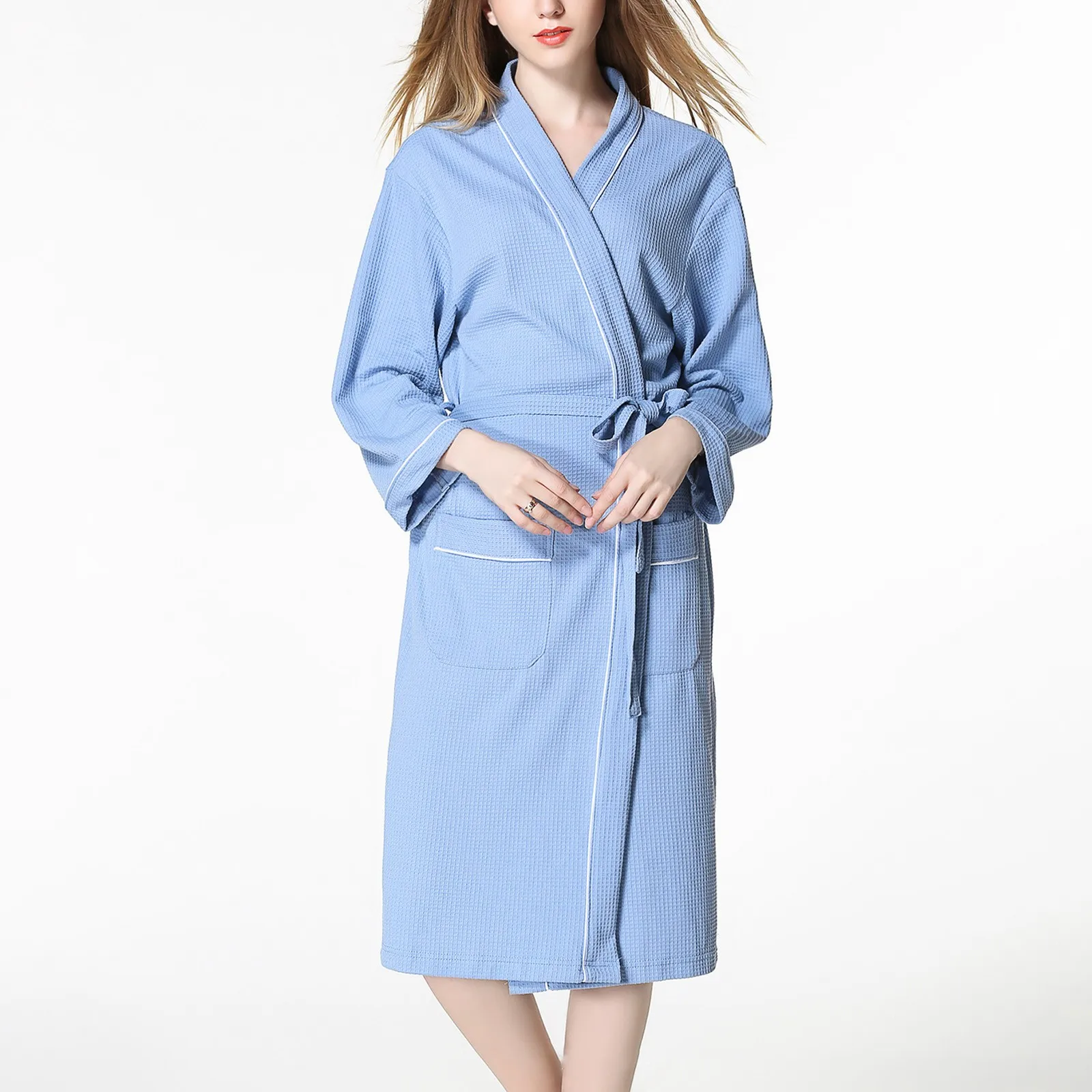 Women Kimono Robes Long Bathrobe Lightweight Soft Waffle Pajama Dress White Long Sleeve Nightgowns Smooth Nightdress Female