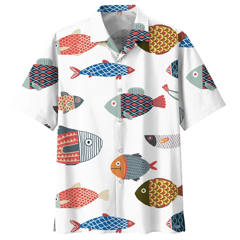 Colorful Fish Hawaiian Shirt For Men Summer 3D Sea Animals Printed Beach Blouse Oversize Lapels Short Sleeve Button Loose Shirts