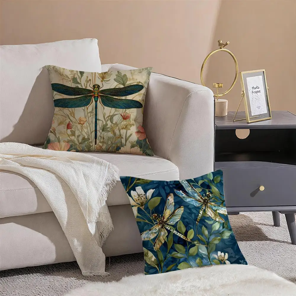 Dragonfly Lotus Cushion Cover Silky Short Plush with Invisible Zipper Dustproof Sofa Pillow Cover for Home Decor