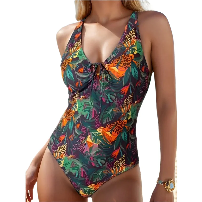 One Piece Swimsuit Trendy Women Floral Print Sexy Hollow Out Strappy Bikini