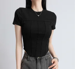 女性用ラウンドネックノースリーブTシャツ,魚の骨が付いた伸縮性のあるダブルブレストの衣服,スリムフィット,セクシー,女性用トップス,y2k,サマー,2024