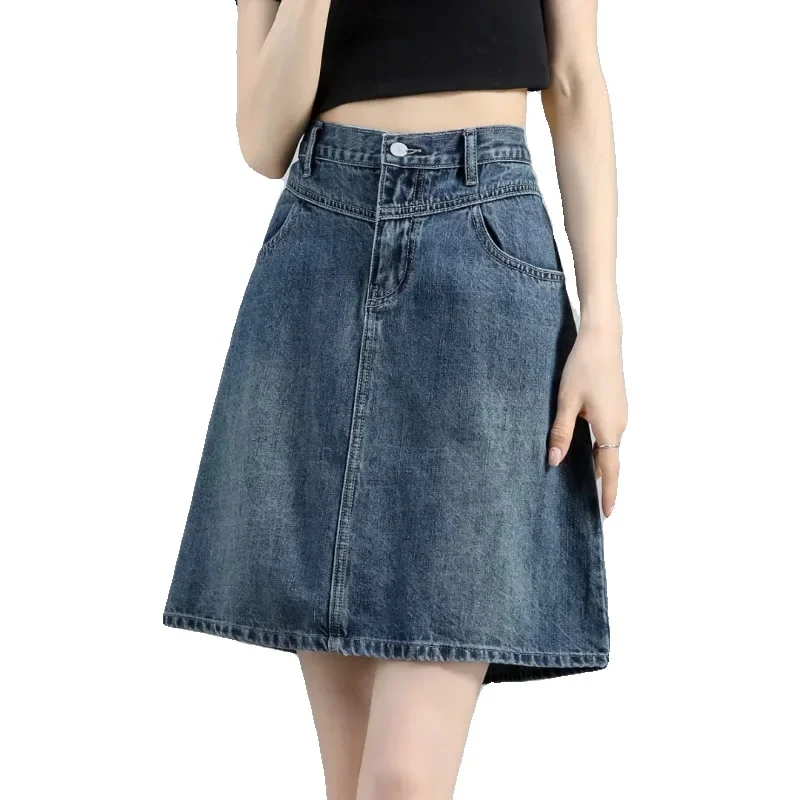 Retro dark plus size denim skirt, mid length skirt, women's summer new high waisted pear shaped dress, A-line half body skirt