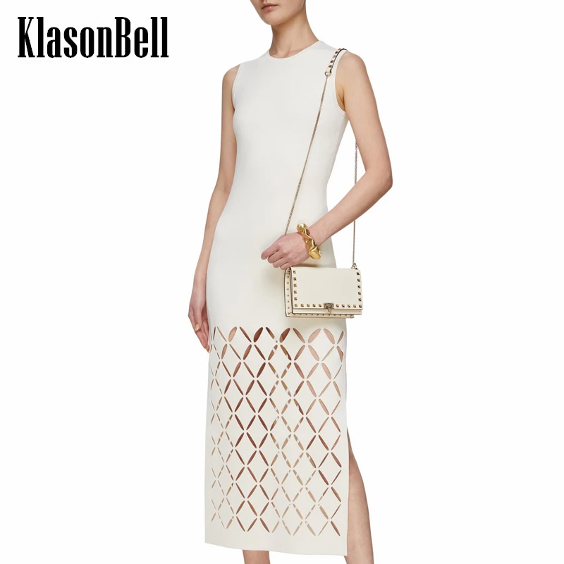 

1.8 KlasonBell Sexy Temperament Hollow Women Maxi Dress Solid Color Elegant 2024 Spring Design Office Slim Women Clothing