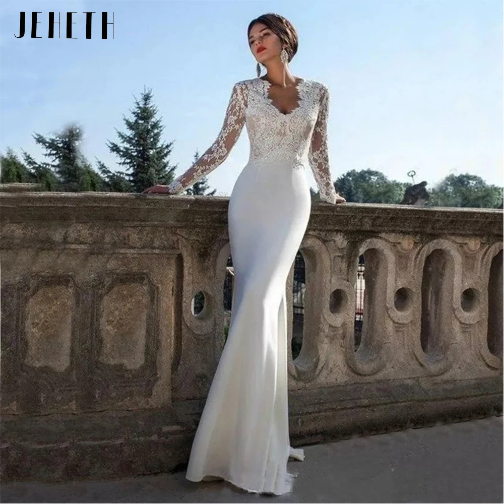 Lace Long Sleeve Mermaid Wedding Dresses With Sweep Train Satin Appliques Bridal Gown For Women Zipper Back Custom Made