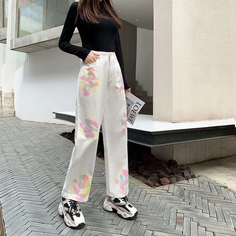 Tie Dye Wide Leg Jeans Women Korean Style Trousers Vintage High Waist Baggy Chic Ulzzang Street Casual All-match Denim Pants