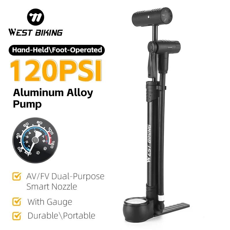 

WEST BIKING Portable Bicycle Pump Aluminum Alloy 120PSI Schrader Presta Nozzle MTB Road Bike Pump With Gauge Tire Inflator