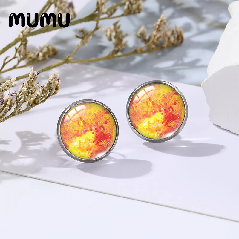 2023 New Solar System Stud Earrings Planets Art Glass Dome Cabochon Jewelry 12mm Round For Freinds
