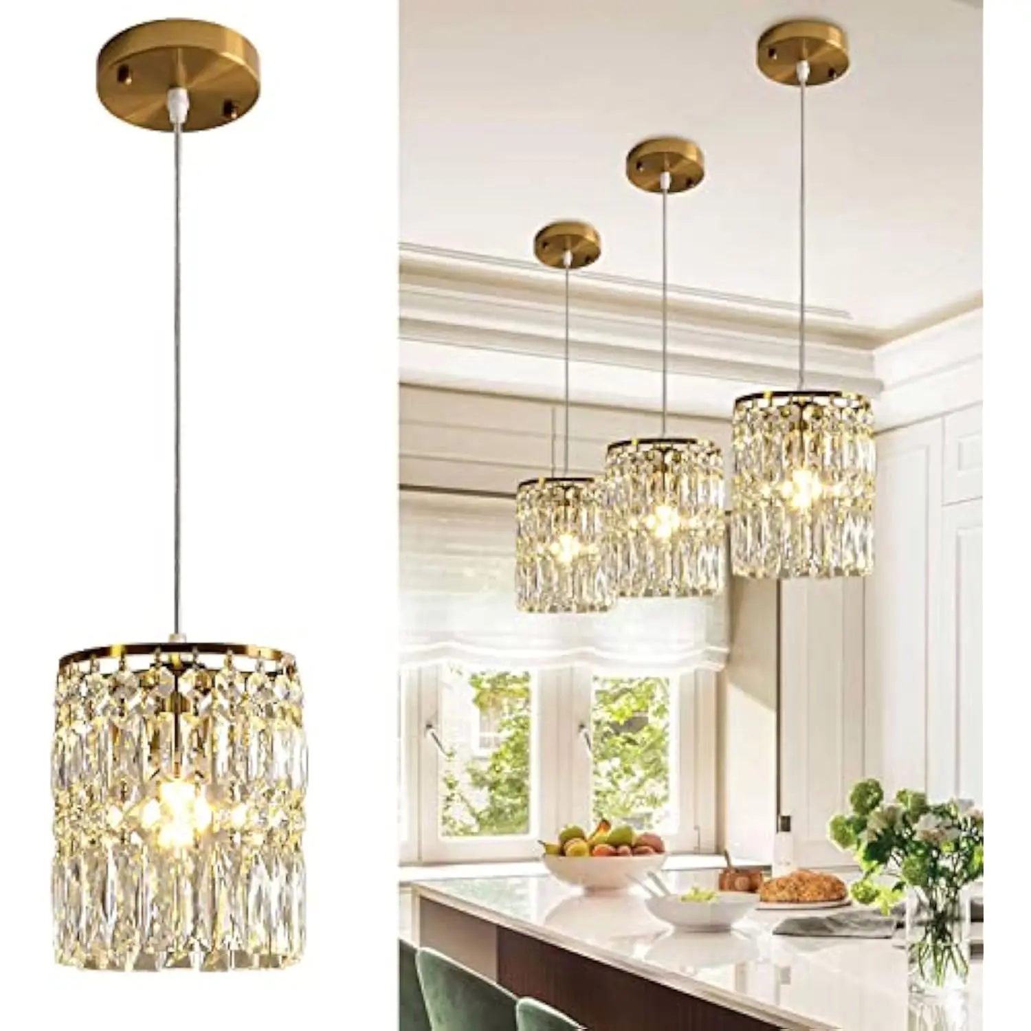 

Crystal Pendant Lighting Modern Chandelier 1-Light Gold Ceiling Fixture Hanging Lamp for Kitchen Island Living Room Bedroom Din