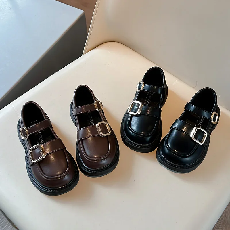 

Children Leather Shoes Buckle Black Brown Platform School Kids Mary Janes Classic Fashion All-match Hook-loop Girl's Shoe 23-35