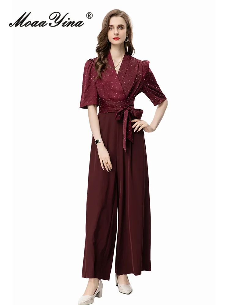 ILYBOOJUN 2024 Summer High Quality Women Jumpsuits Polka Dot Print V-Neck Lace Up Tunics Solid Color Wide Leg Pants Jumpsuits