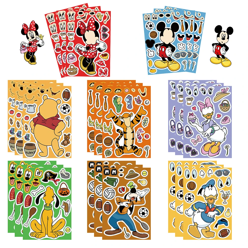 8/16Sheets Disney Mickey Mouse Children DIY Make a Face Puzzle Stickers Game Assemble Jigsaw Kids Education Toy Party Decoration