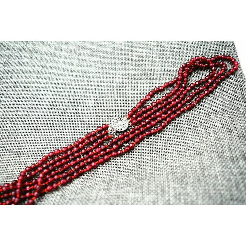 

Beautiful 3 Rows 4mm Red Garnet Faceted Round Gemstone Beads Necklace 17-19''