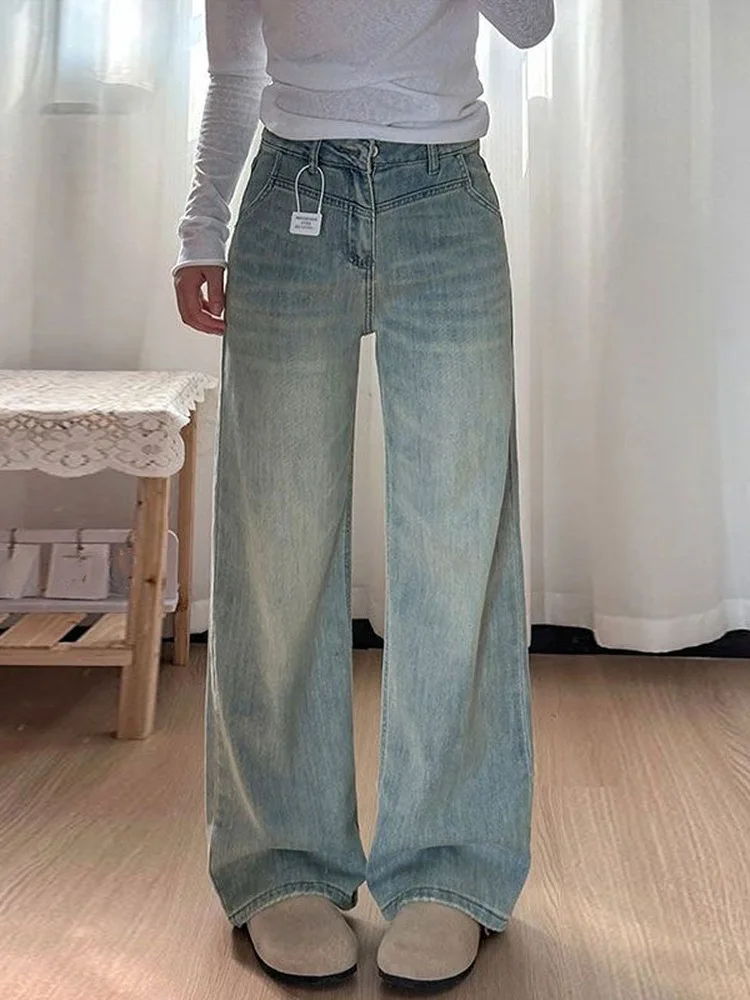 Light Wash Wide Leg Jeans Women's Pear Shape Spring New plus Size High Waist Loose Slim Straight Cut Denim Pants