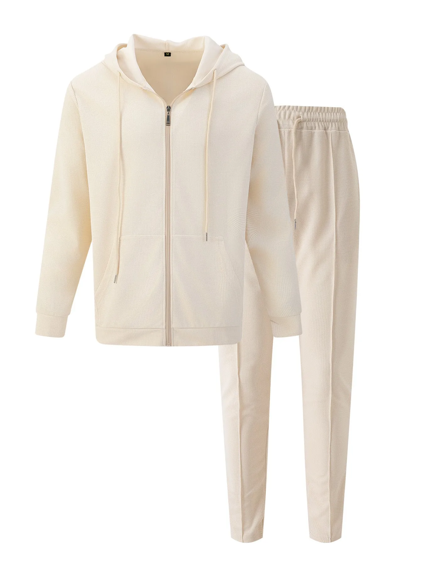 26 popular men's autumn new waffle knit hooded zip cardigan with pockets, long-sleeved and long-pants casual two-piece set view 5