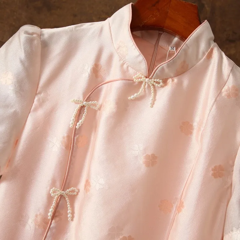 Roze Meisjes Met Korte Mouwen En Kralen Met Korte Mouwen, Verbeterde Grote Cheongsam-Jurk