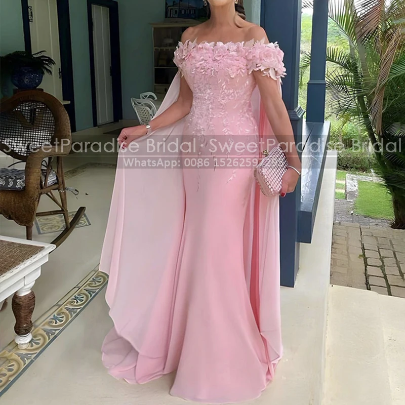 Floral Appliques Mermaid Mother of the Bride Dresses Customized Long Cloak Off Shoulder Pink Chiffon Sheath Wedding Party Dress