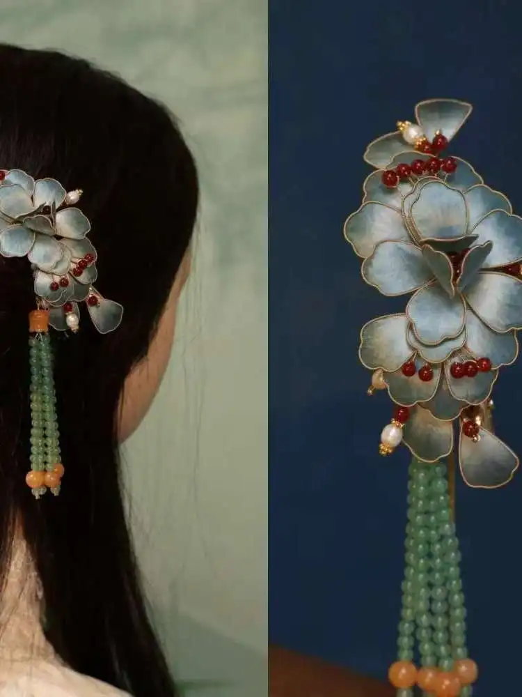 original-hidden-wood【national-color-splendor】inherently-rare-silk-velvet-peony-clip-blue-color-hairpin