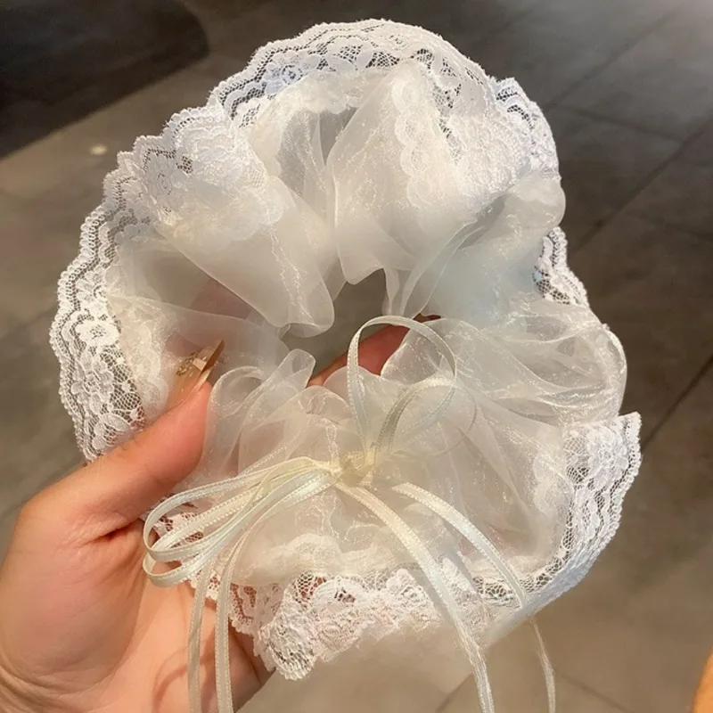 Korean Lace Bow Rubber Bands for Women Girls Simple Bow Ribbon Hair Scrunchies Cream White Lace Mesh Hair Rope Hair Accessories