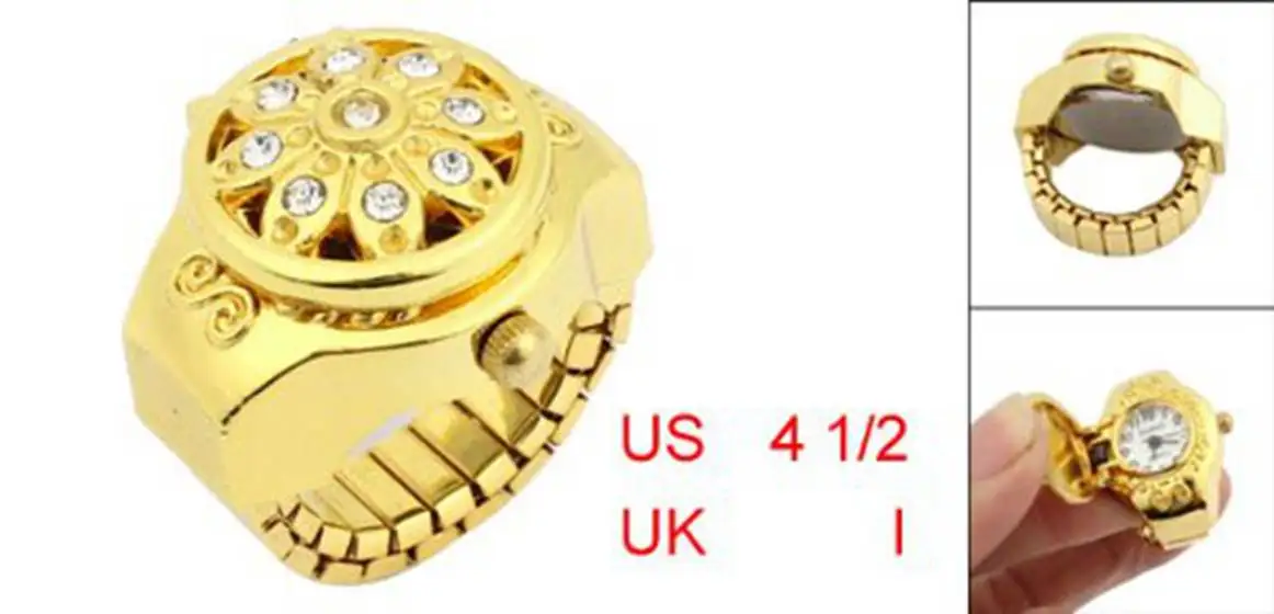 Round Dial Crystal Flower Decor Elastic Band Finger Ring Watch Gold Tone for Lady