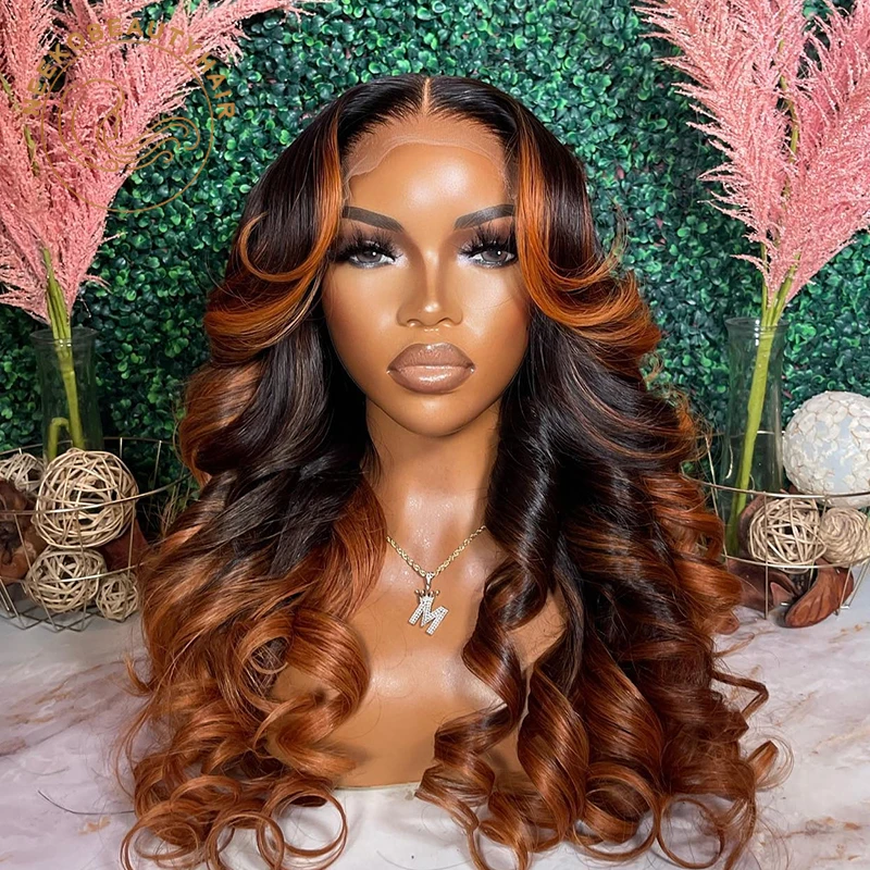 Ombre Ginger Brown Colored 13x6 Transparent Lace Frontal Wig Pre-Plucked Highlight Lace Front Human Hair Wigs For Women