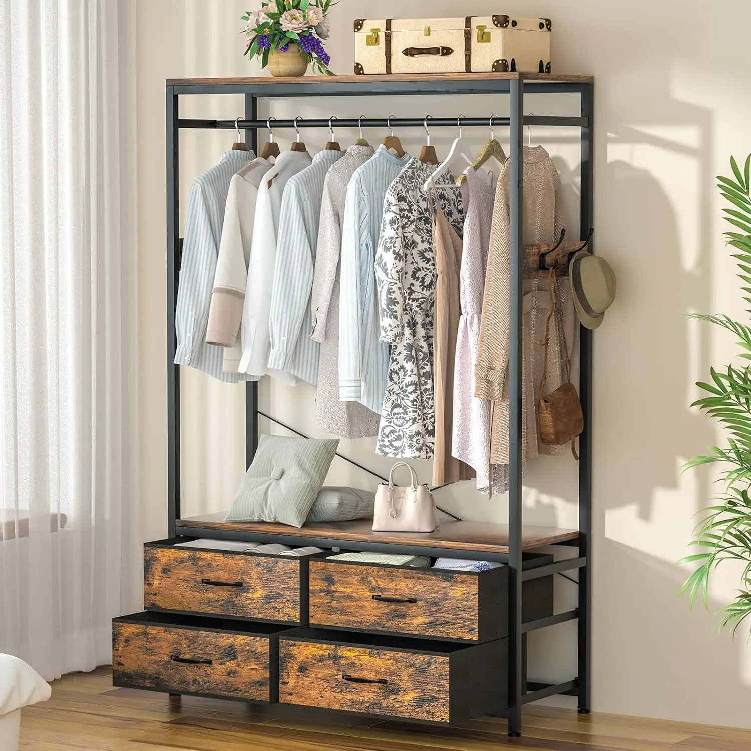 

Freestanding Clothes Rack, Clothing Rack for Hanging Clothes, Heavy Duty Garment Rack with 4 Drawers, 4 Hooks and Shelves