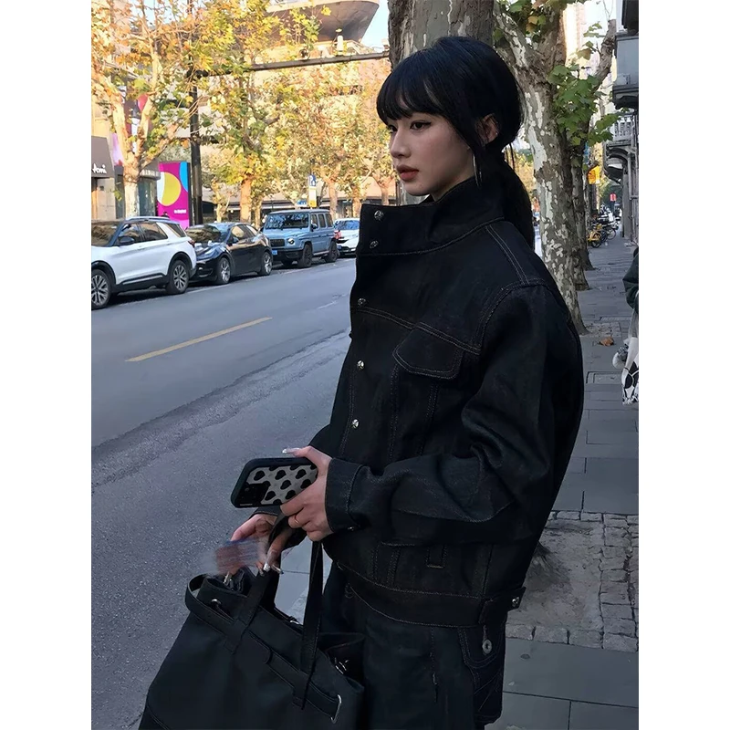 Black Original Denim Stand Collar Short Washed Women's Jacket American Style Cleanfit Workwear Jacket Breathable Resistant