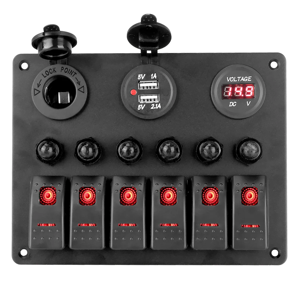 

Digital Voltmeter 6 Gang Rocker Switch Panel DC 12V/24V Car Marine Boat Circuit LED Breaker Aluminum Panel Dual USB Ports