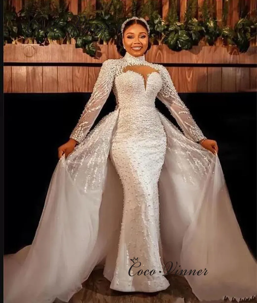 تخصيص الثقيلة الديكور 2 في 1 فساتين الزفاف الفاخرة مع قطار للانفصال اللؤلؤ مطرز جودة حورية البحر فستان الزفاف W1051