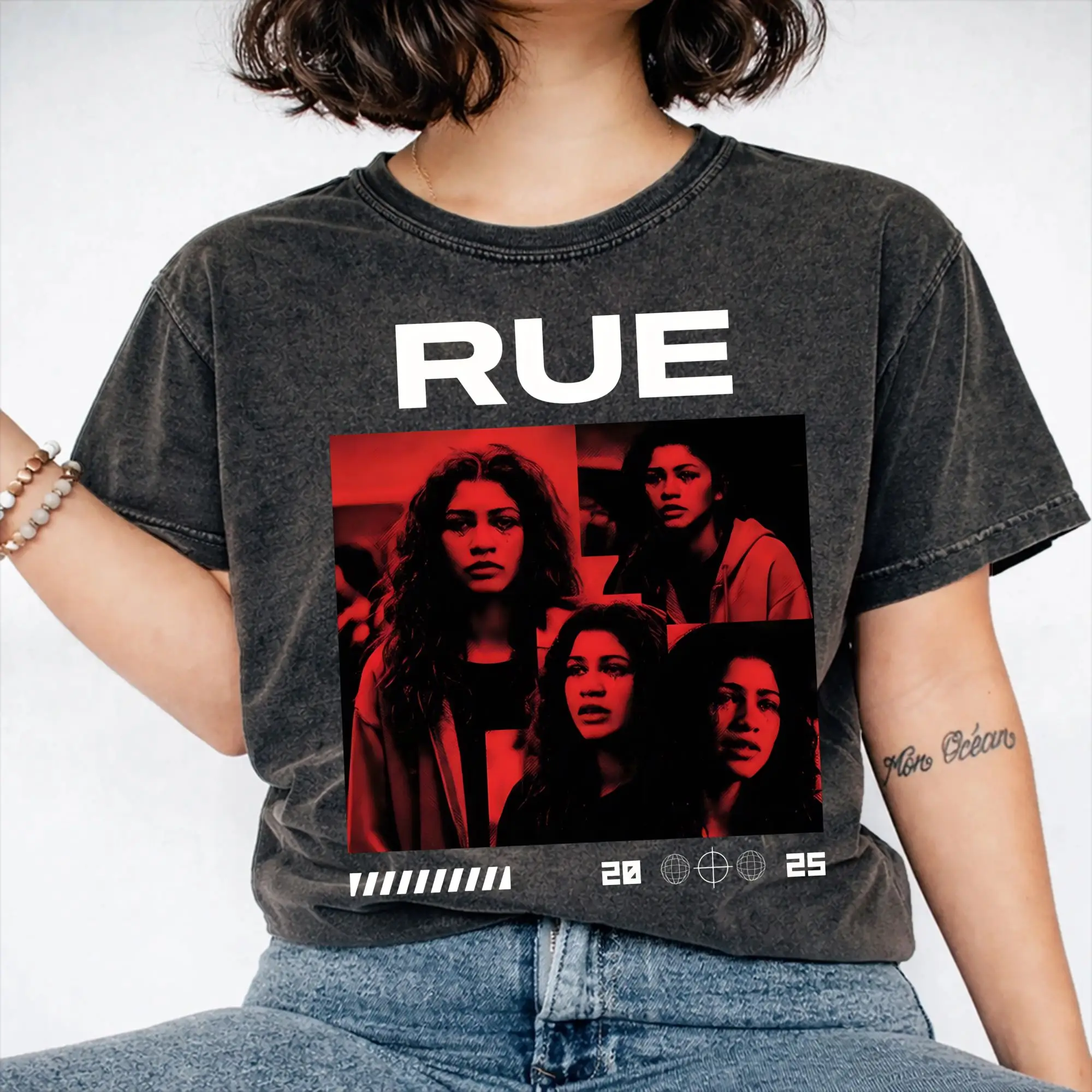 Ruby Rue Zendaya Washed T Shirt Streetwear Hip Hop Vintage T-Shirts  Tees Men Women Short Sleeve Streetwear