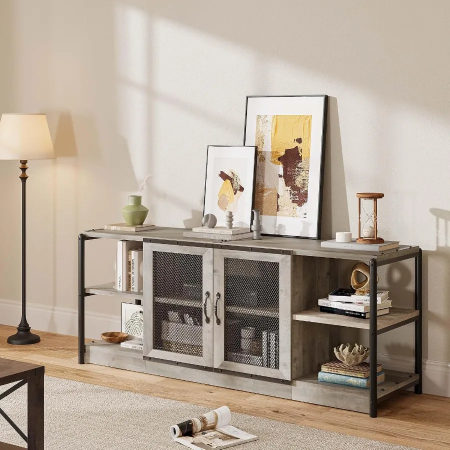Farmhouse TV Stand for 65/75 Inch TVs: Rustic Wood Finish, Neutral Beige Tone, Sturdy Solid Wood Construction with Open Shelvin