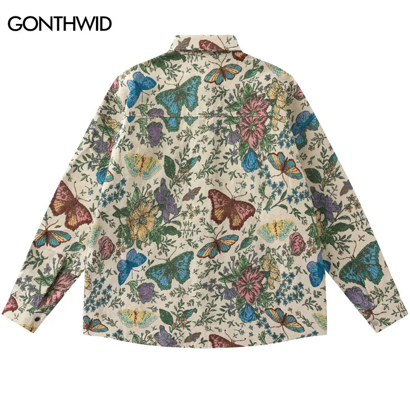 Vintage Shirt Coat Y2K Harajuku Retro Butterfly Floral Flowers Long Sleeve Shirts 2023 Men Fashion Loose Button Thick Shirts Top