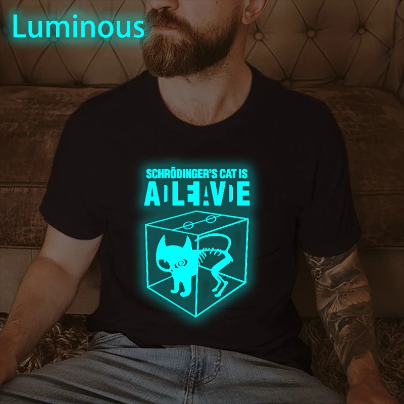 

Men's T-shirt Schrodinger's Cat Printed Short Sleeve Homme Camiseta Fun Crewneck Glowing Style Funny Luminous T-shirts Unisex