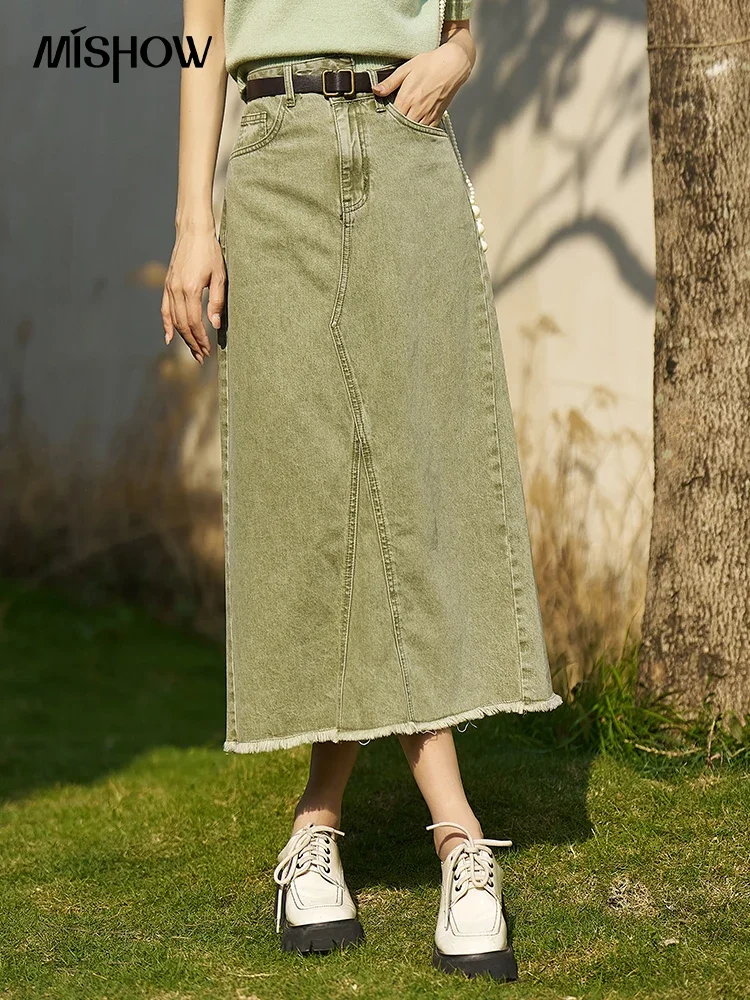 

MISHOW Women's Green Denim Skirt 2023 Spring/Summer High Waist Slim Solid A-LINE Retro Female Ankle-Length Midi Skirt MXC13B0009