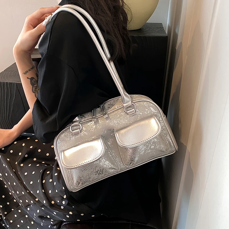 

Meet You Fashion Silver Oil Wax Leather Shoulder Bags for Women Summer Multi-Pocket Satchel Retro Commuting Underarm Bag Female