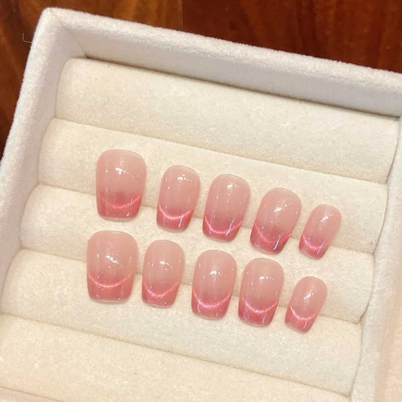 

10pcs Handmade Cat Eye Removable Adhesive False Nails for Girls Pink Press on Nails Short Glued Fake Nails with Glue Wear Nail