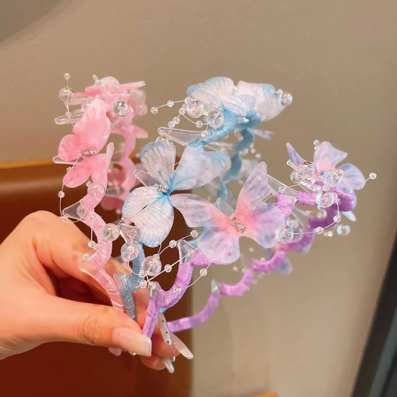 Kids Pearl Butterfly Headband, Fairy Princess Tiara Style, Flyaway Hair Sticker Helper, Girls’ Party Holiday Gift
