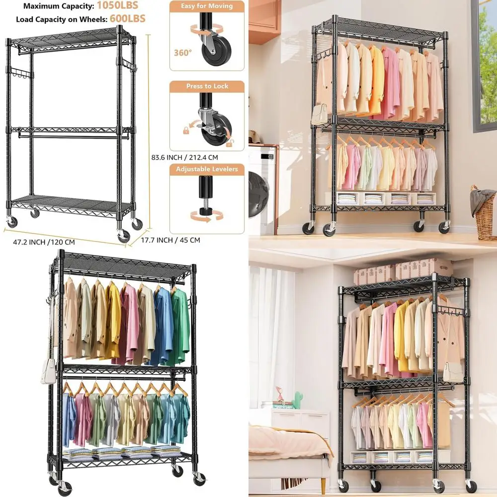 

Adjustable 3-Tier Rolling Garment Rack with 2 Rods and Side Hooks, Black, 17.7x47.2x83.6