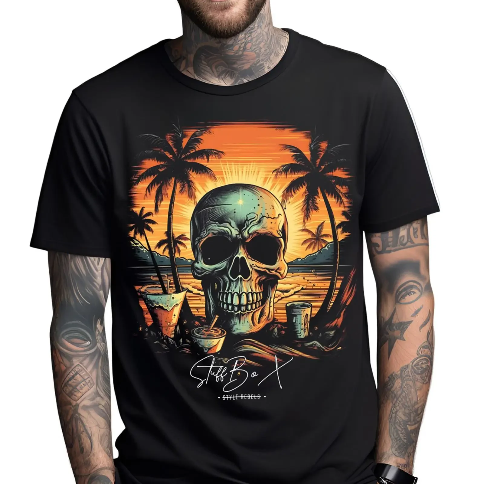 Stuff Box Herren Rundhals kurzarm T Shirt Skull Holiday schwarz 1058 Neu vintage Washed Unisex Top For Everyday Wear Versatile