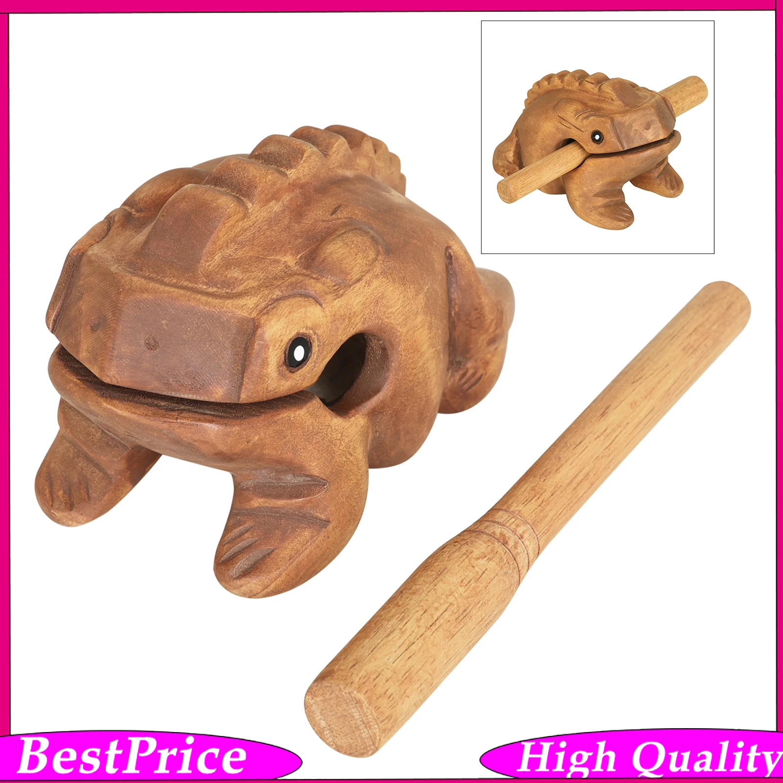 J217 Wooden Frog Guiro Percussion Instrument Solid Frog Sound Maker with Stick Orff Musical Toy for Early Education Rhythm Train
