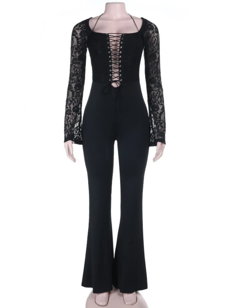 섹시한 블랙 레이스 패치워크 점프수트 여성 트렌디 홀터넥 긴팔 레이스업 속이 비치는 슬림 플레어 팬츠 원피스 오버올