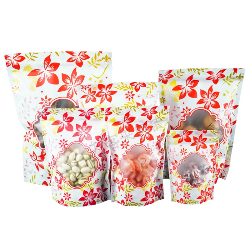 

1000pcs 7 sizes Red Flower printing bag Stand up Green printed Zip Lock bag with clear window Reusable plastic pouch Zipper seal