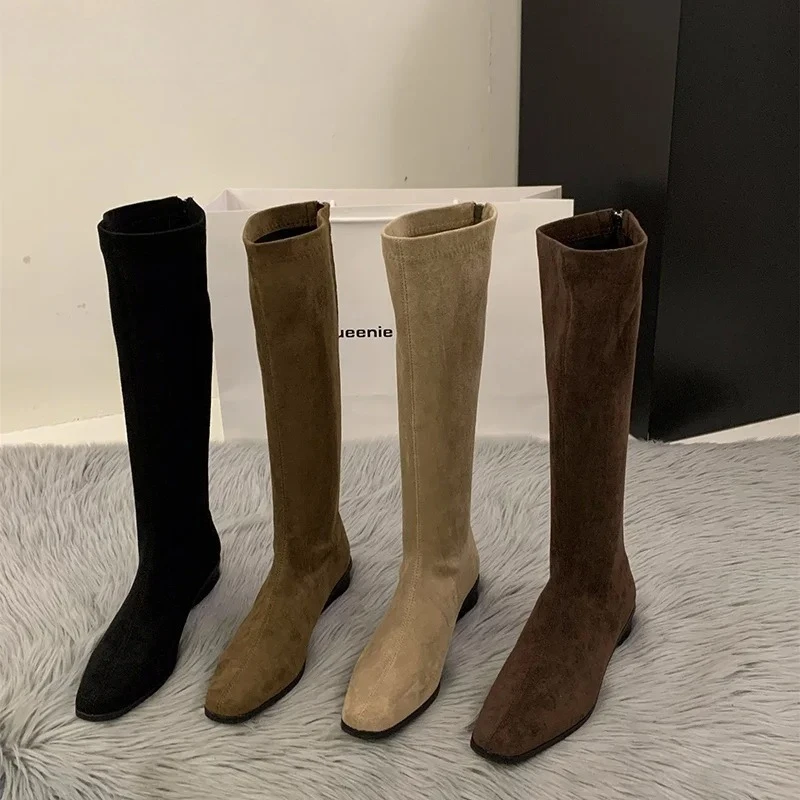 

2026New Women Boots Luxury Suede Casual Boots Designer Square Head Slim Long Booties Vintage Women Knee High Boots Bottes Femmes