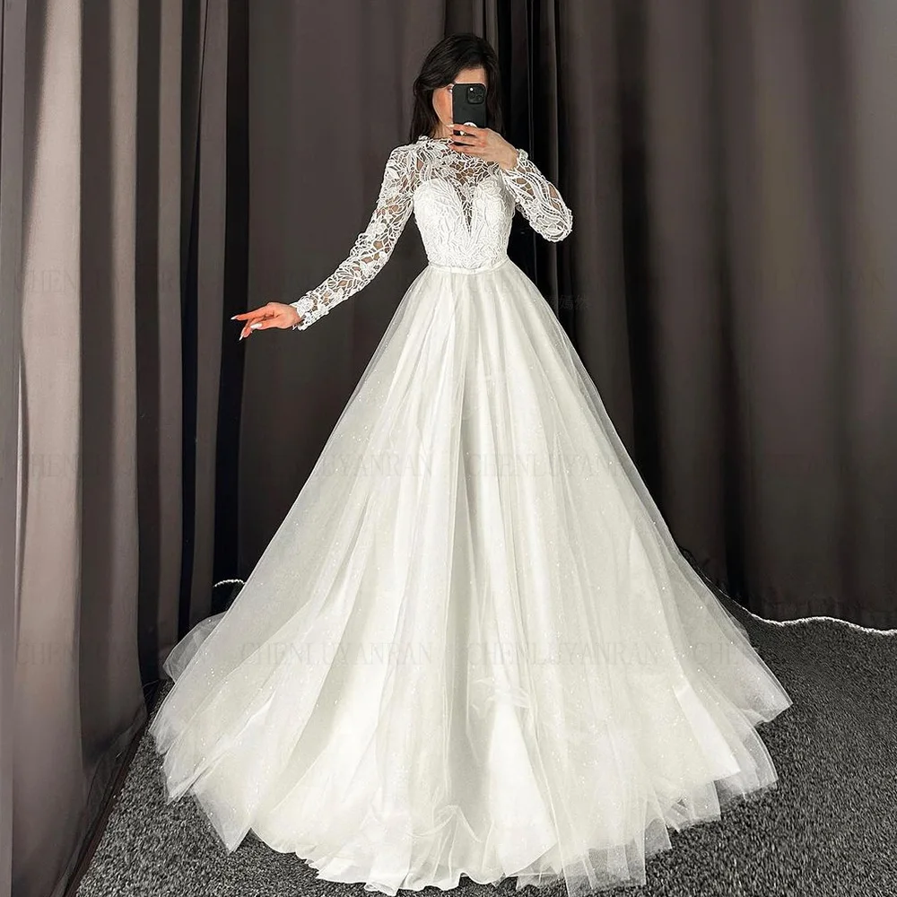 

Lace Wedding Dresses For Bride High Neck Full Sleeves Long Bride Gowns A-Line Puffy Lace Up Tulle Ivory Dress Vestido De Noiva