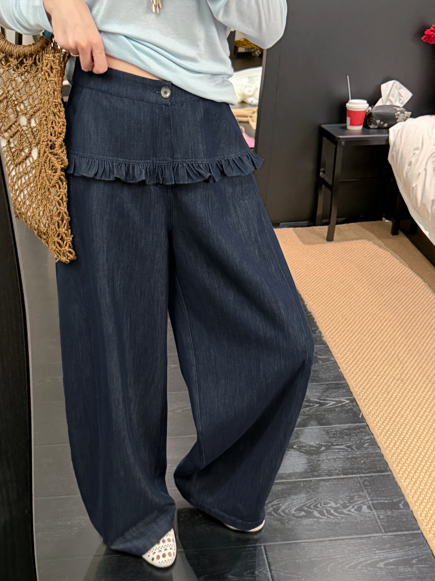 

New Spring 26 Sweet Heart Sister's Ruffle Hem Denim Jeans High Waist Straight Leg Cotton Polyester Blend Casual Pants